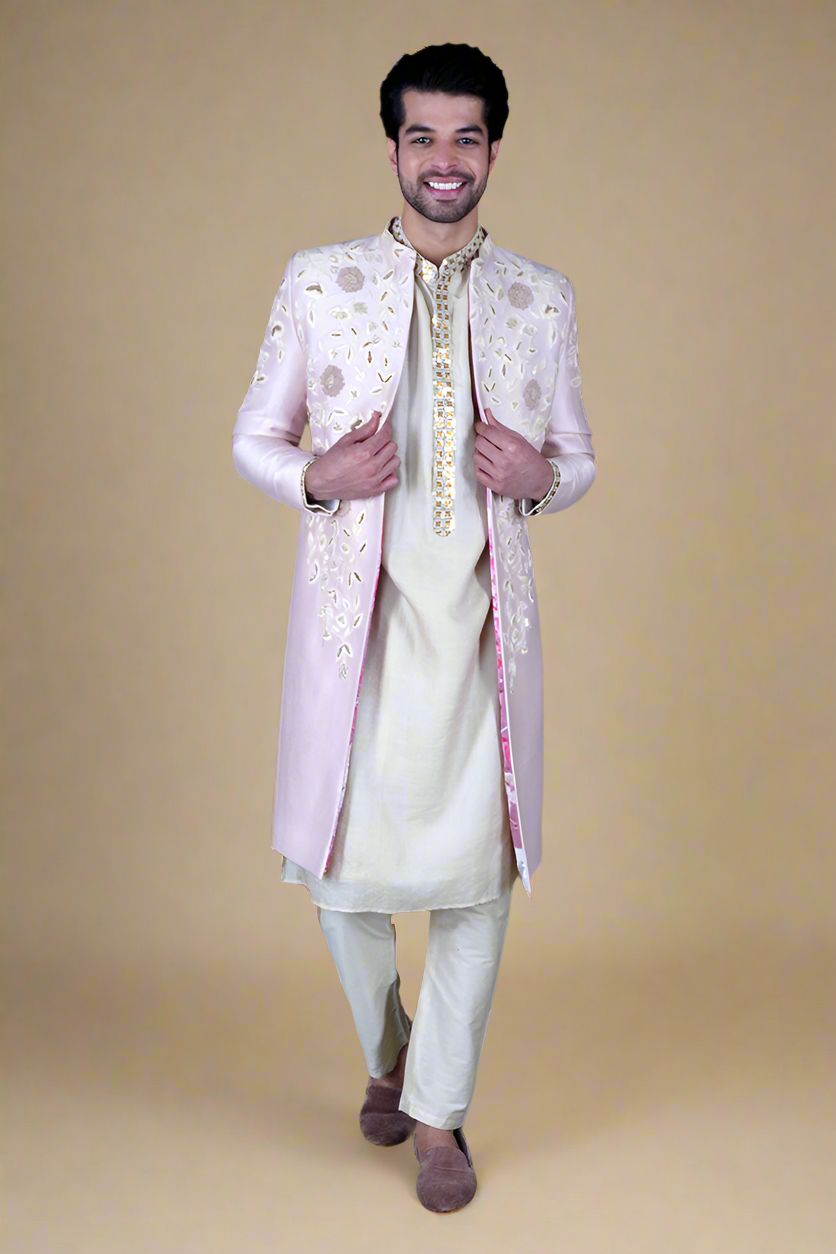 Zardosi Pure Chintz Sherwani Set (Rose Pink)