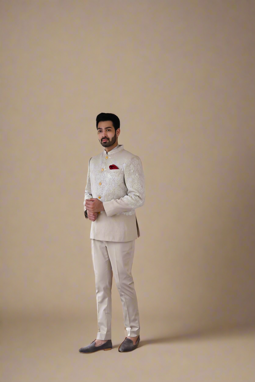 Embroidered Bandhgala Set (Mushroom Grey)