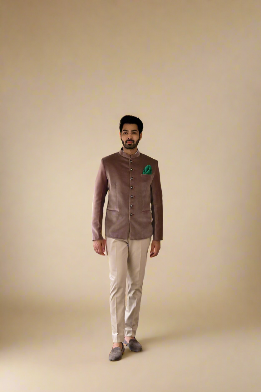 Signature Velvet Bandhgala Set (Fond)