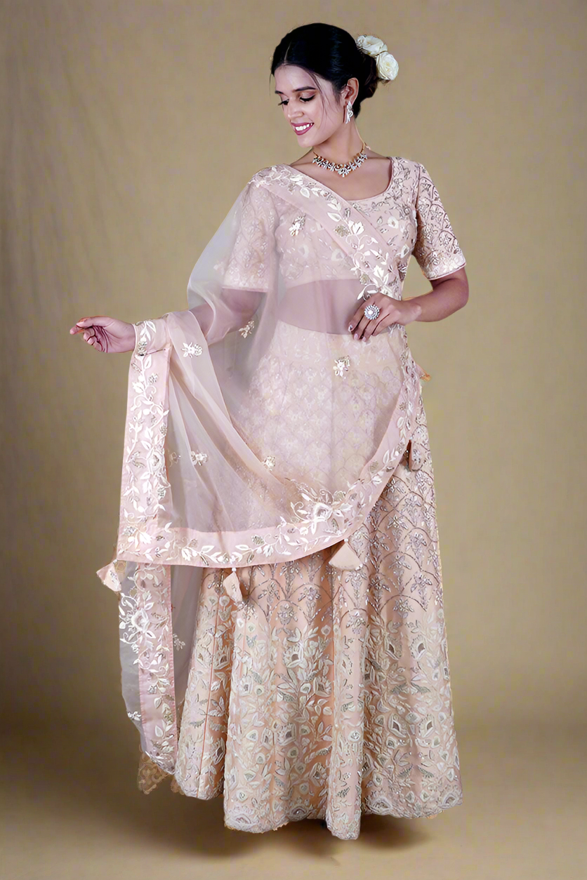 Zardosi Pure Chintz Bridal Lehenga Set (Rose Gold)