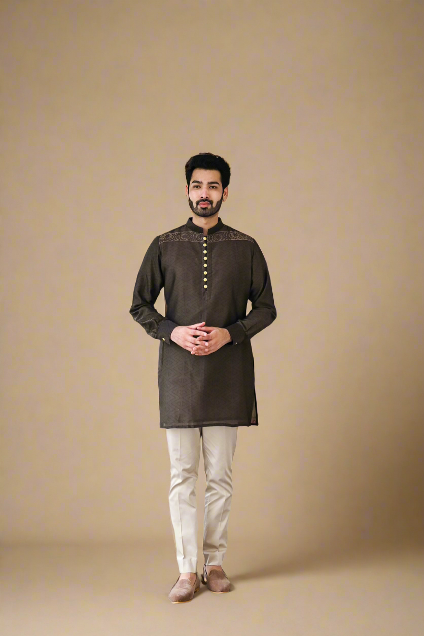 Hand-Block Short-Kurta Set (Brown)