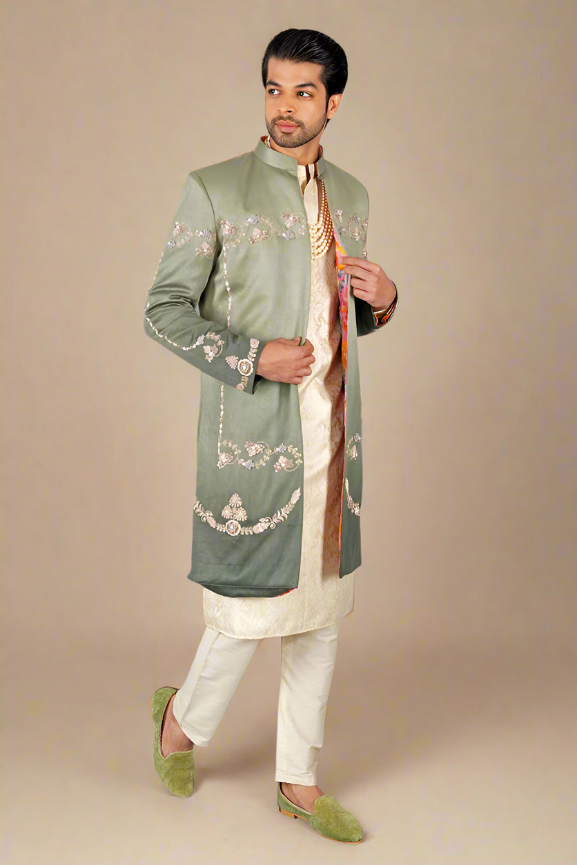 Zardosi Ombre Pure Chintz Sherwani Set (Green)