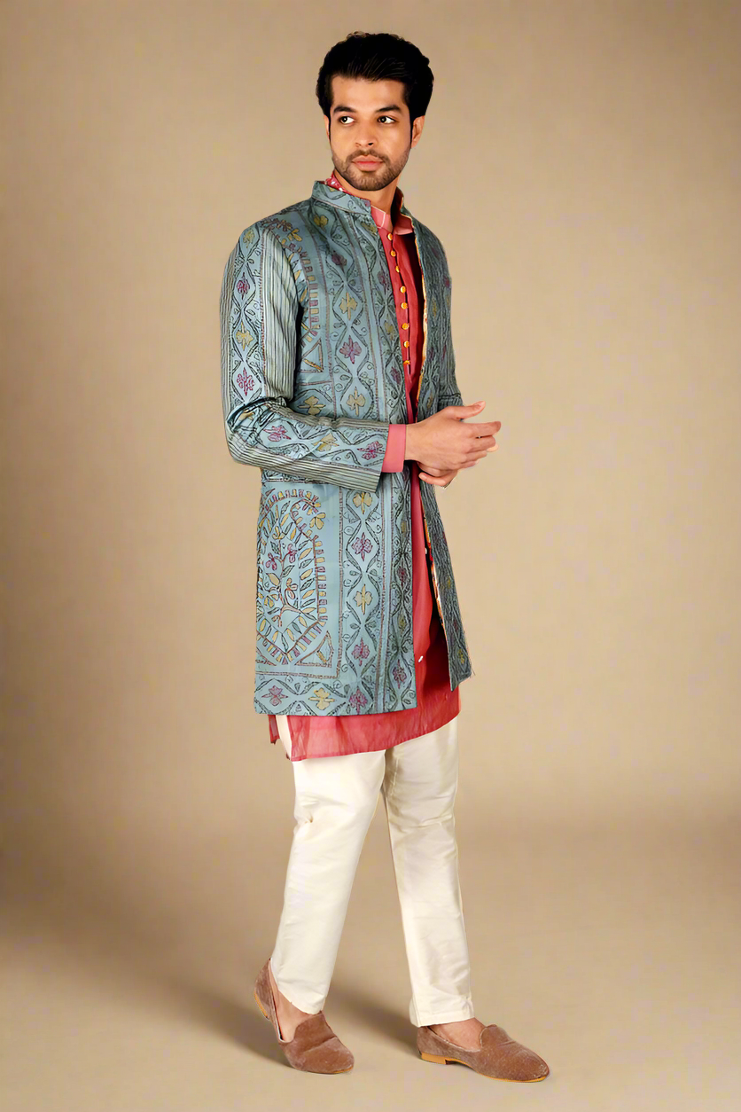 Kantha Chanderi Kurta Set With Jacket (Saturation Pink)