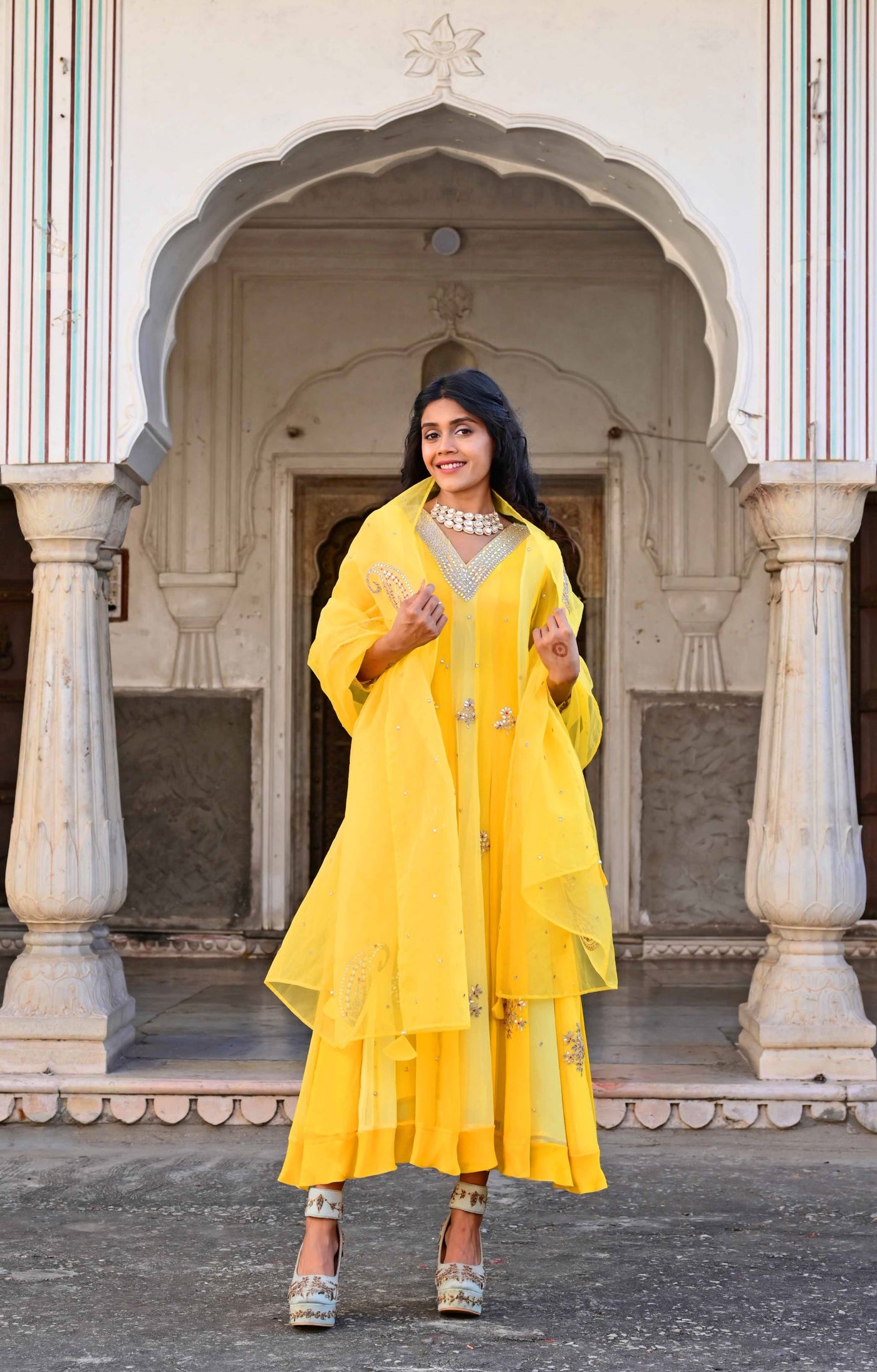 yellow georgette embroidered anarkali suit