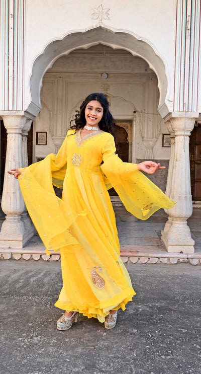 Embroidered Yellow Anarkali Suit Set