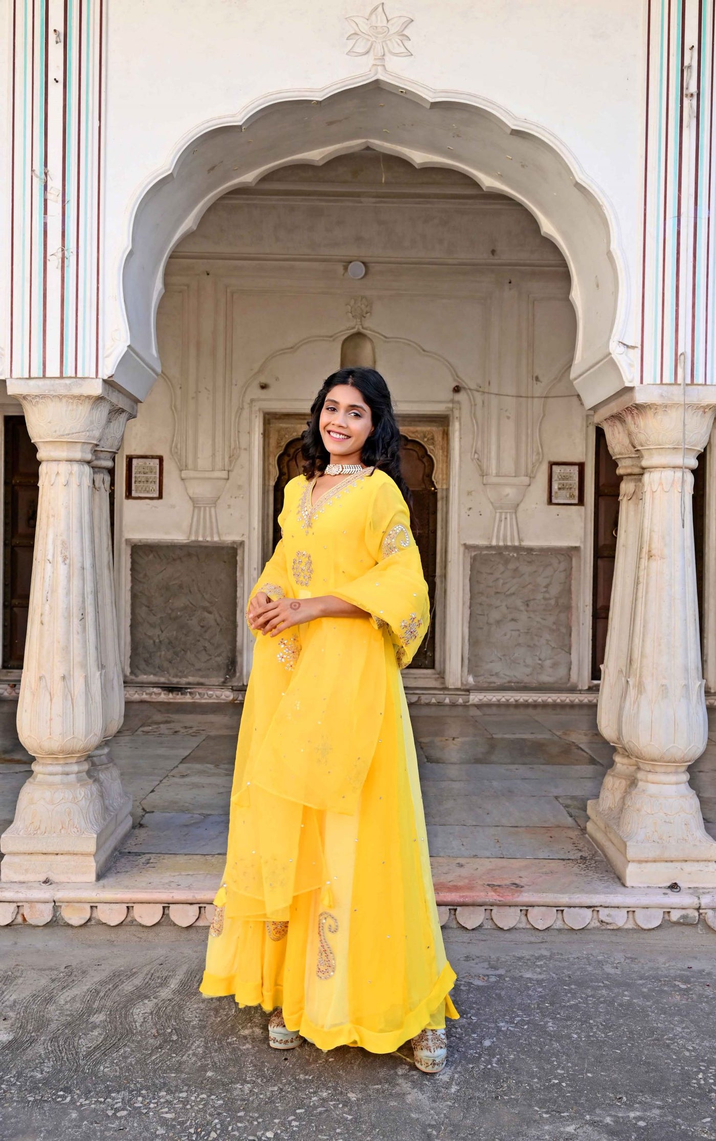 Embroidered Yellow Anarkali Suit Set for women