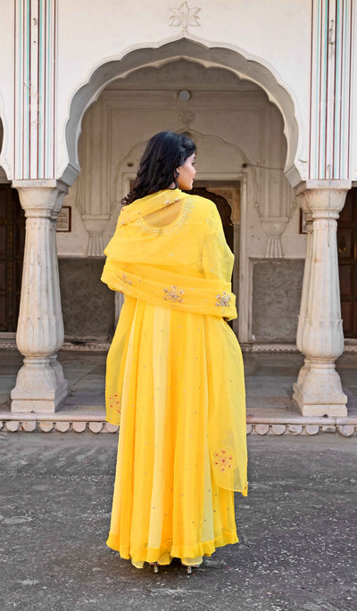 Embroidered Yellow Anarkali Suit Set for haldi