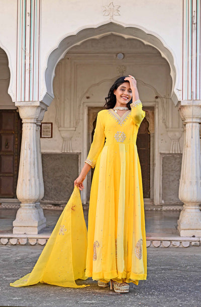 Embroidered Yellow Anarkali Suit Set for haldi ceremony