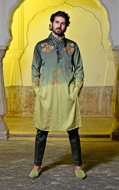 Green silk kurta set for men online