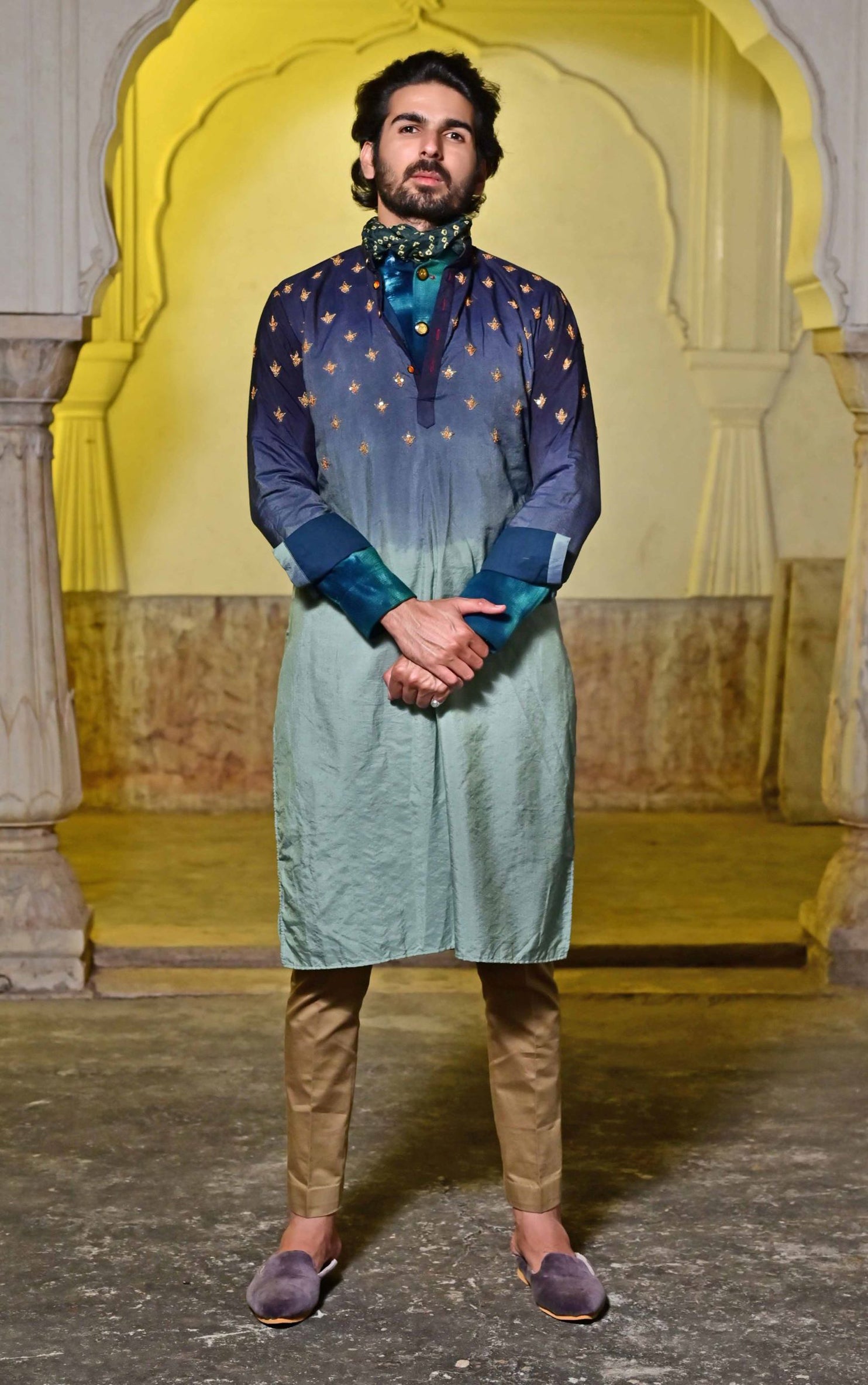 Blue moda silk designer kurta set 