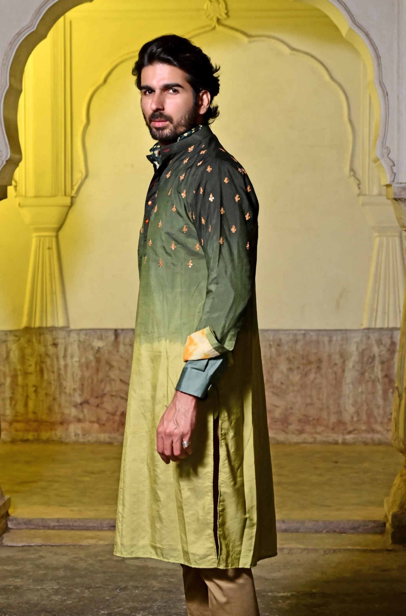 Stylish Green Moda Silk Branded Kurta Set for Men Online