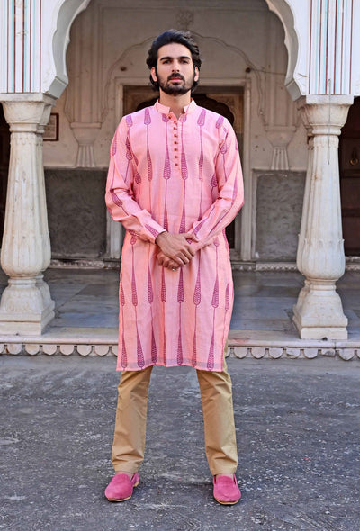 Pink Chanderi Kurta for Men with Elevated Wedding Style