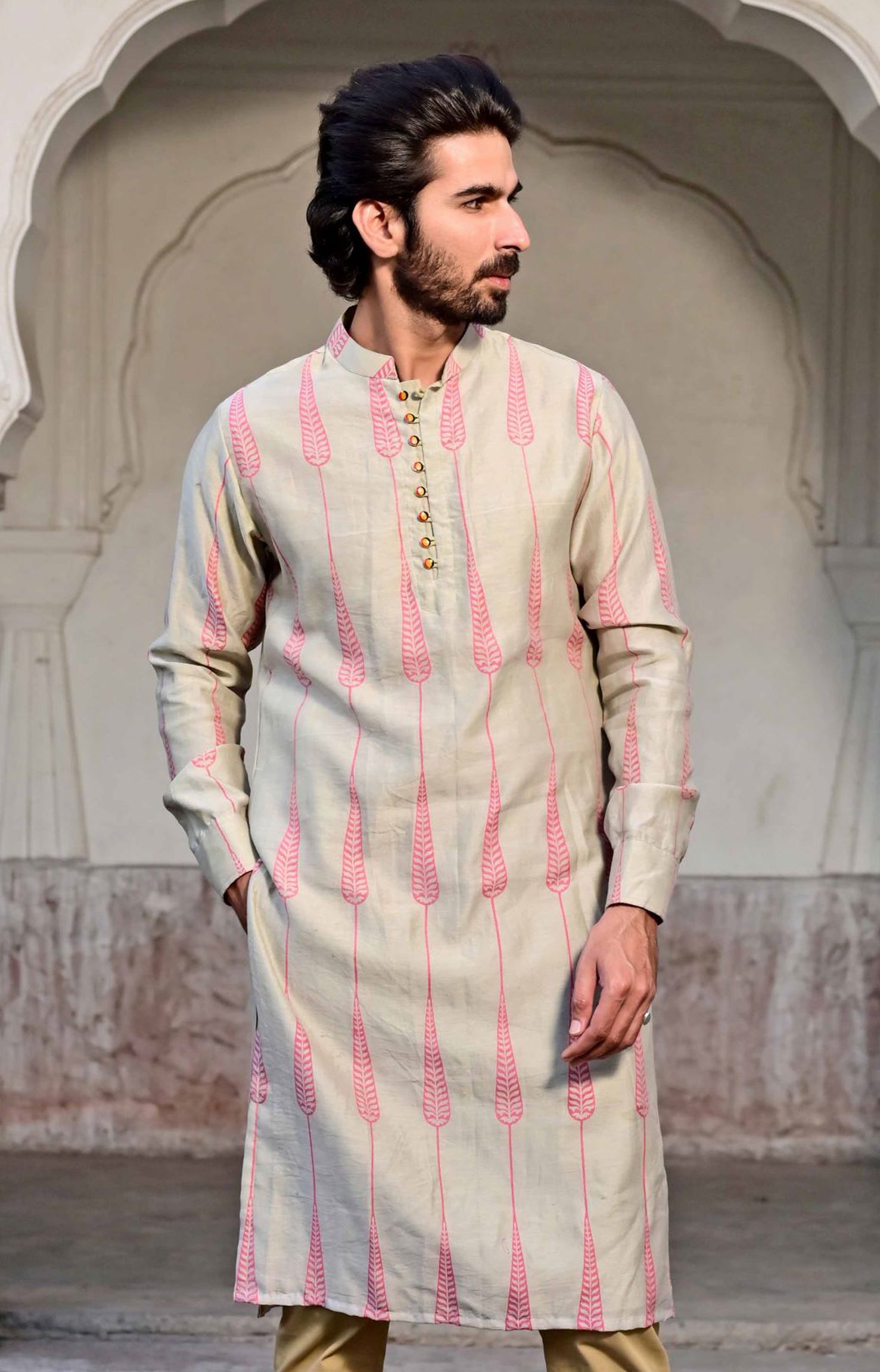 Ecru beige Chanderi Kurta for Men