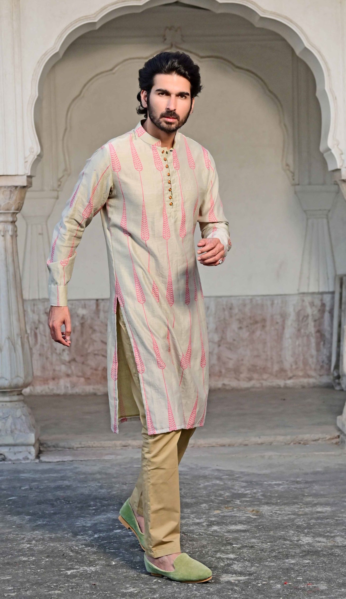 Unique Hand-Painted Ecru Beige Chanderi Kurta for Men with Traditional Design