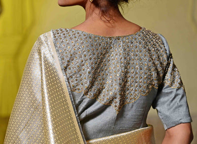 Ivory silk saree for women with designer blouse 