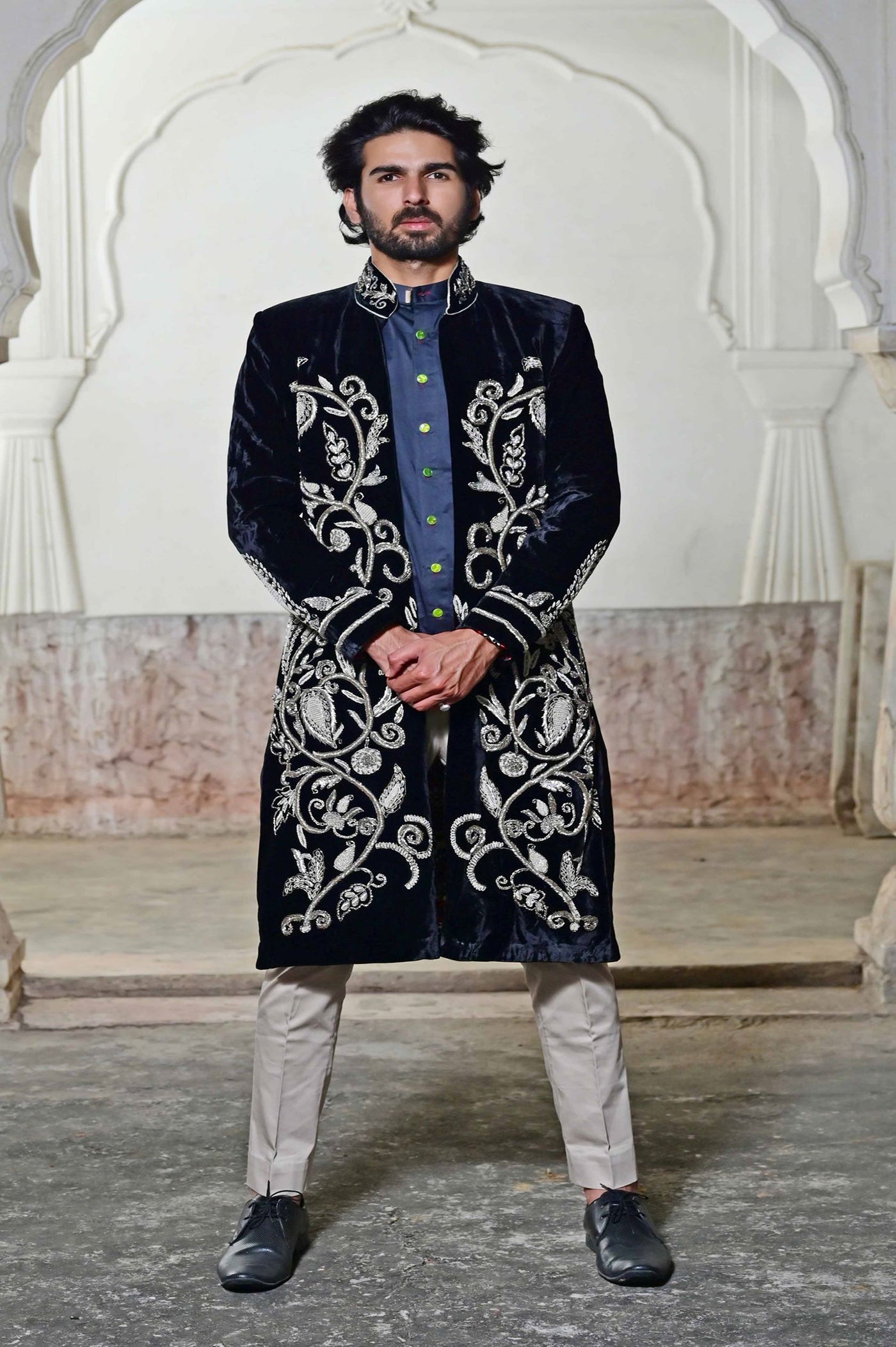 Indian Designers Black Velvet Sherwani for groom