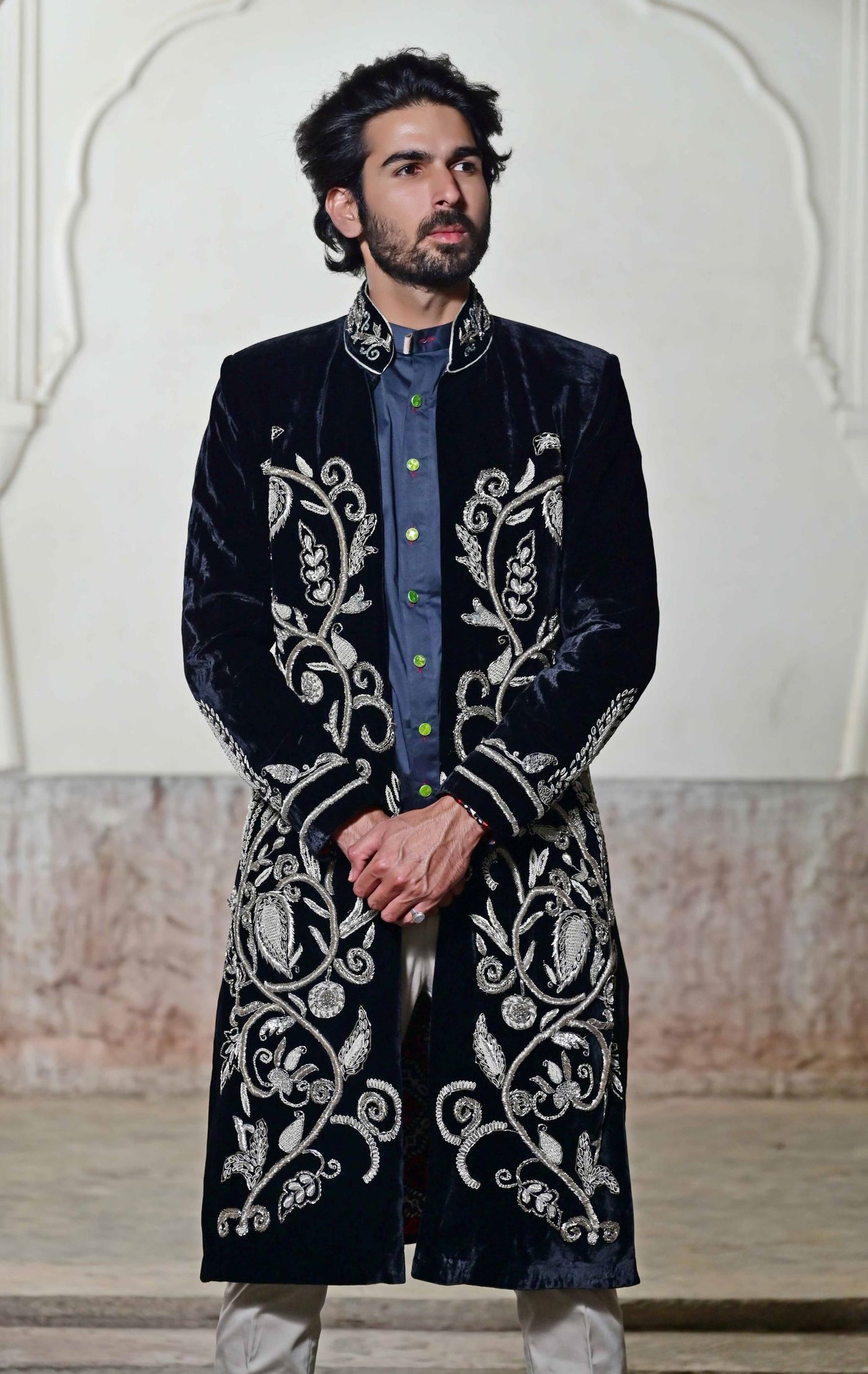Groom Sherwani in Black Velvet by Indian Designers