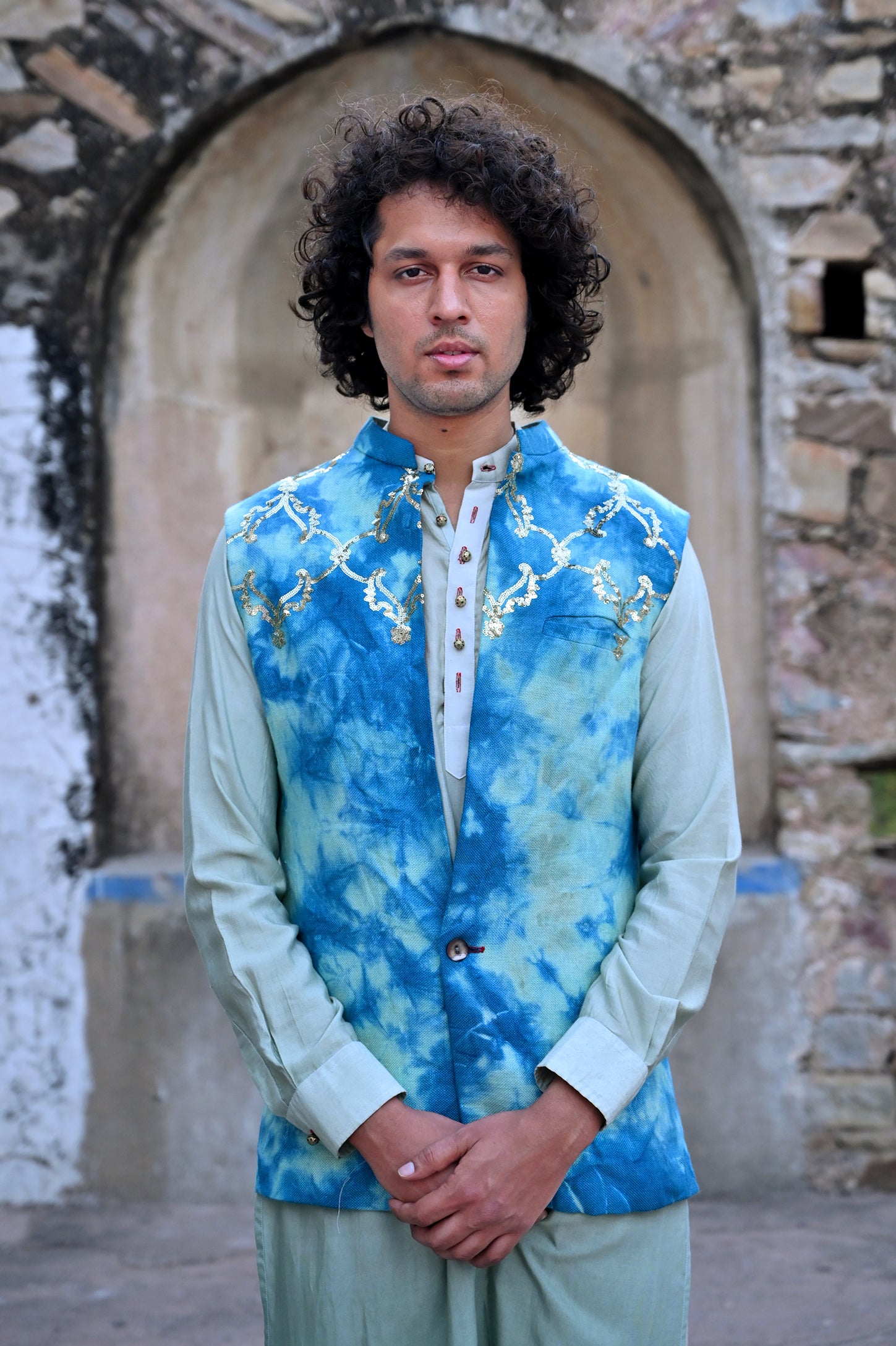 Blue linen kurta set for men online