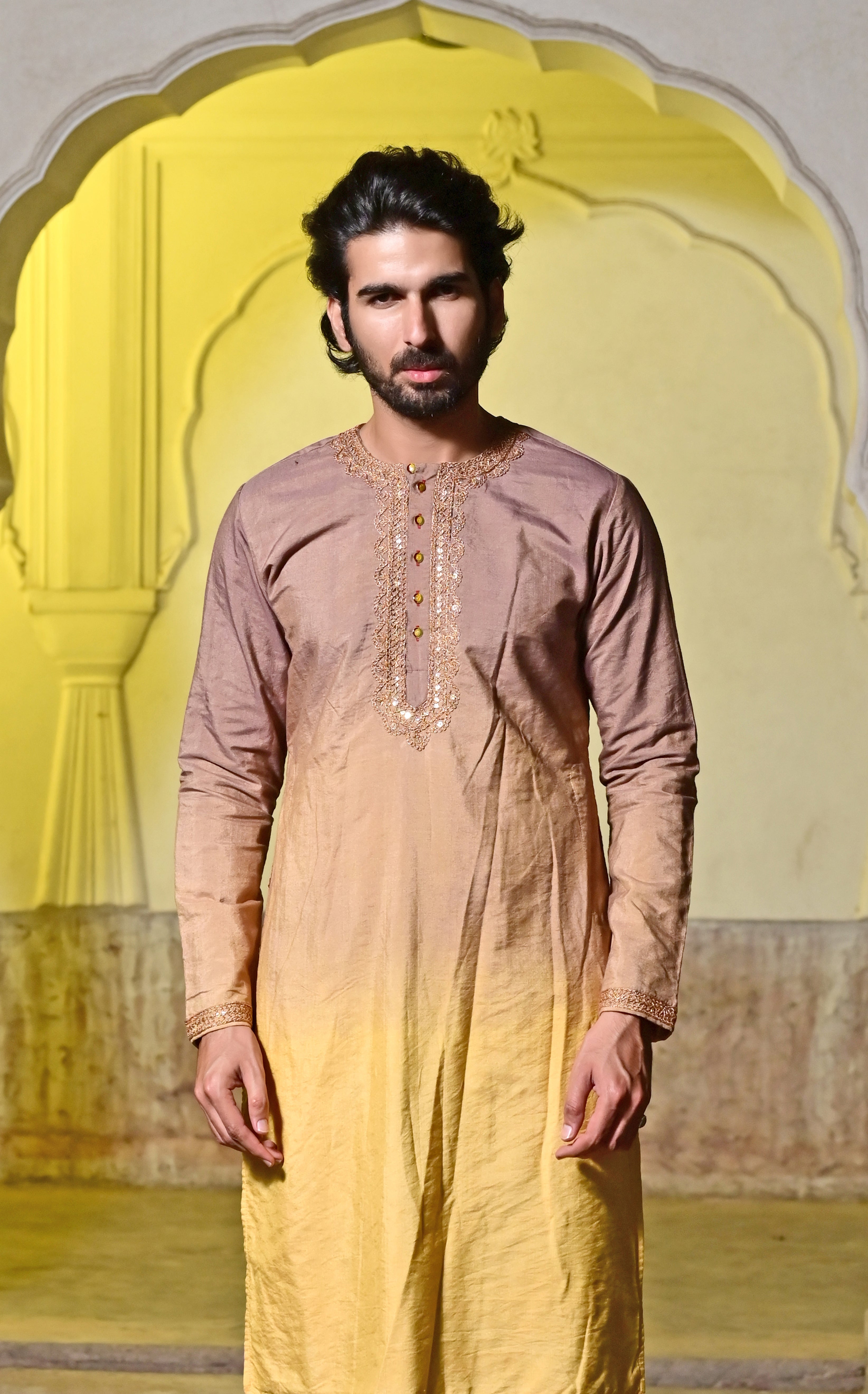 men's kurta in rosy brown with a round neck