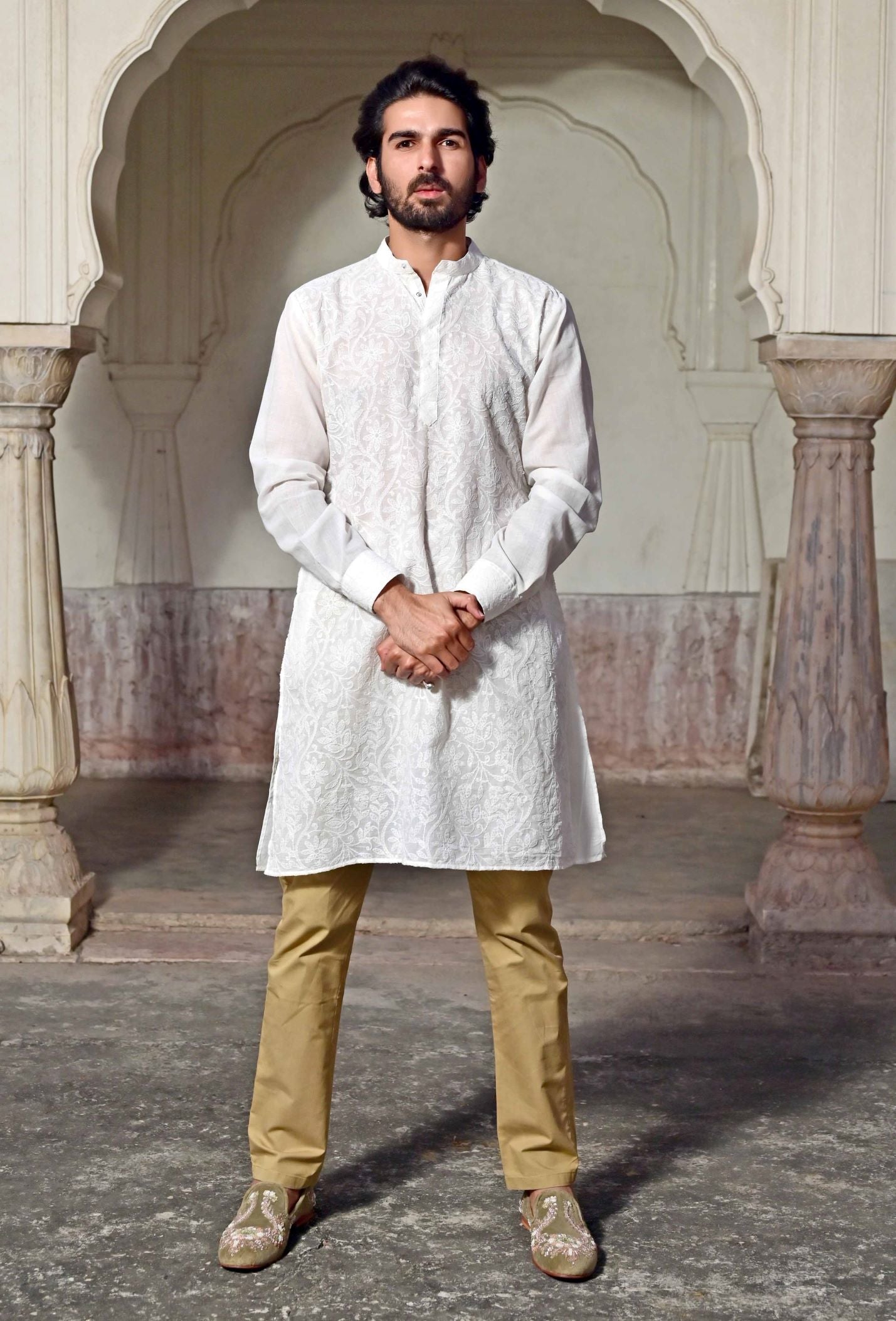 designer white cotton Lucknowi kurta set for men