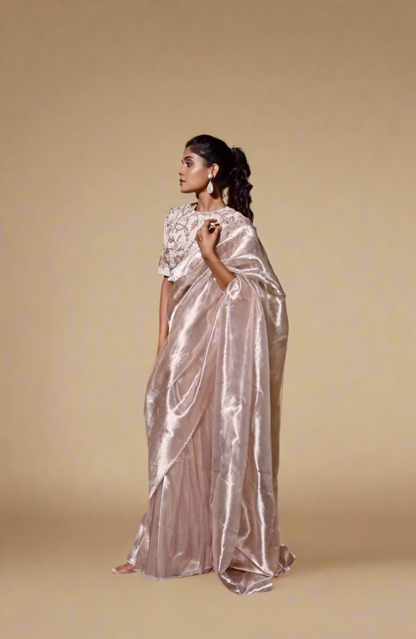 Zardosi Tissue Saree Set (Blossom White)