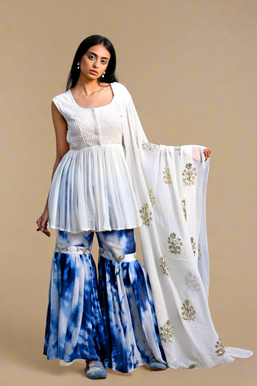 Tie-Dye Taari Sharara Set (Ivory / Indigo)