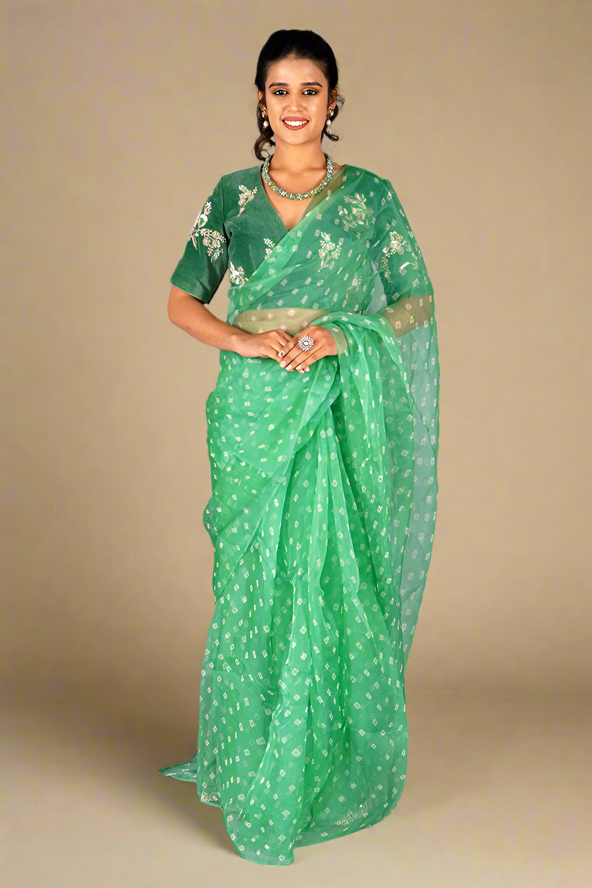 Bandhej Organza Saree (Green)