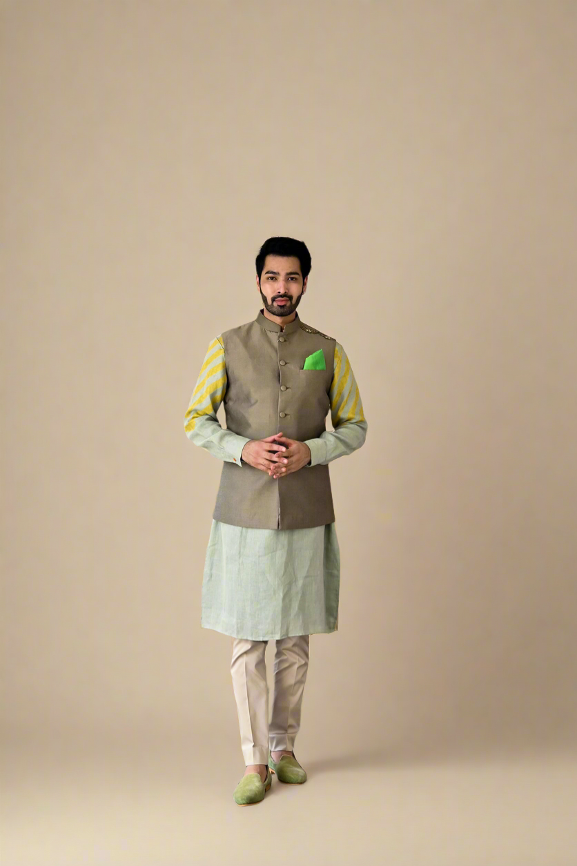 Color-Block Kurta Set (Aqua / Yellow)