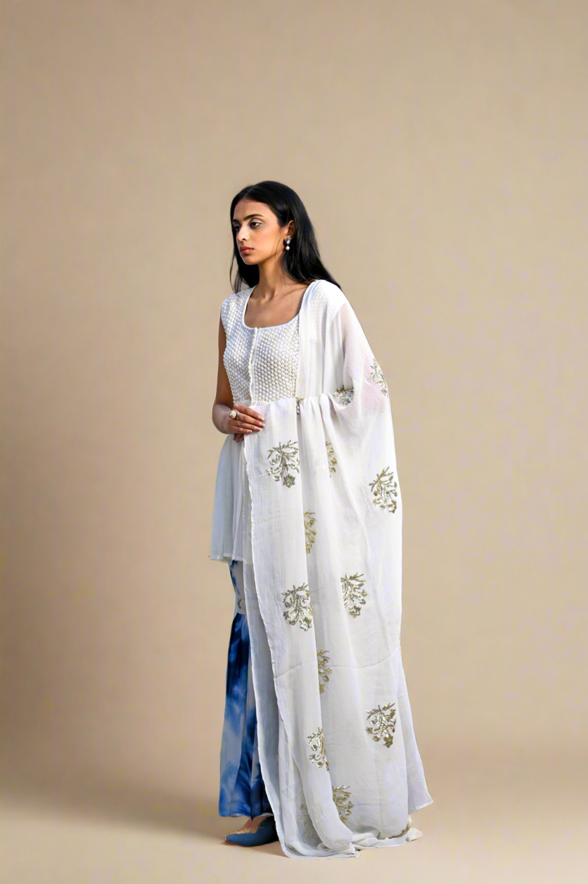 Tie-Dye Taari Sharara Set (Ivory / Indigo)