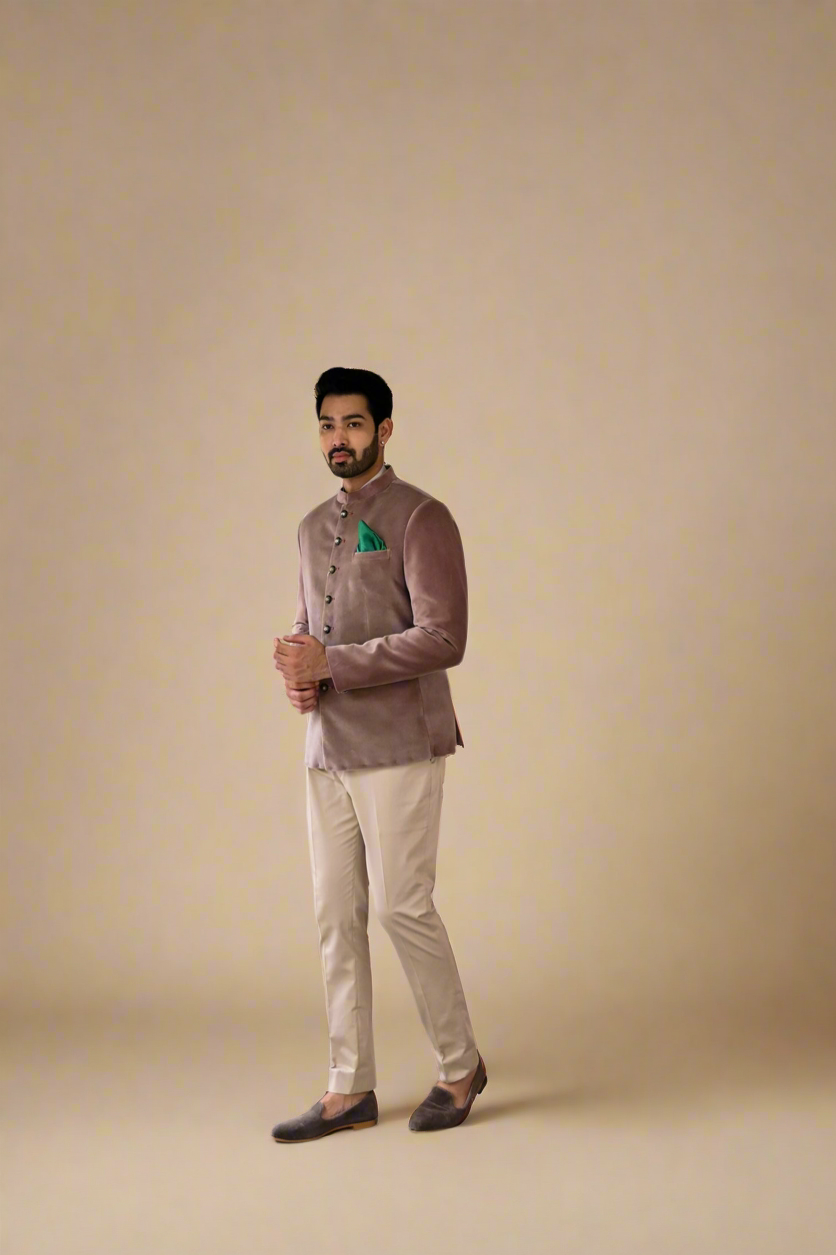 Signature Velvet Bandhgala Set (Fond)