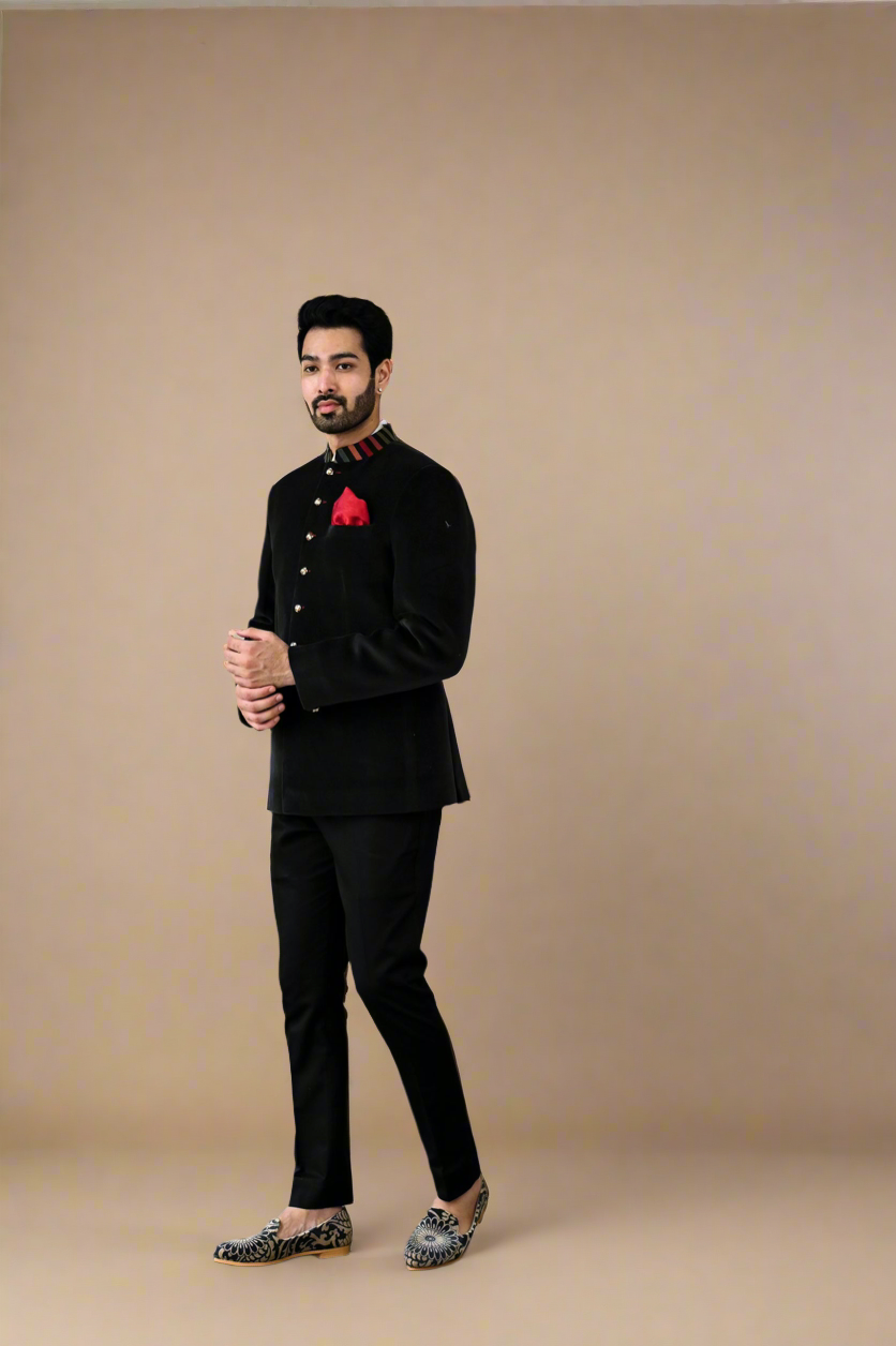 Signature Velvet Bandhgala Set (Black)