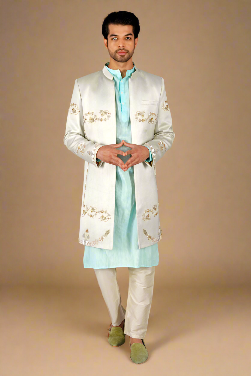 Sequins Pure Chintz Sherwani Set (Warm White)