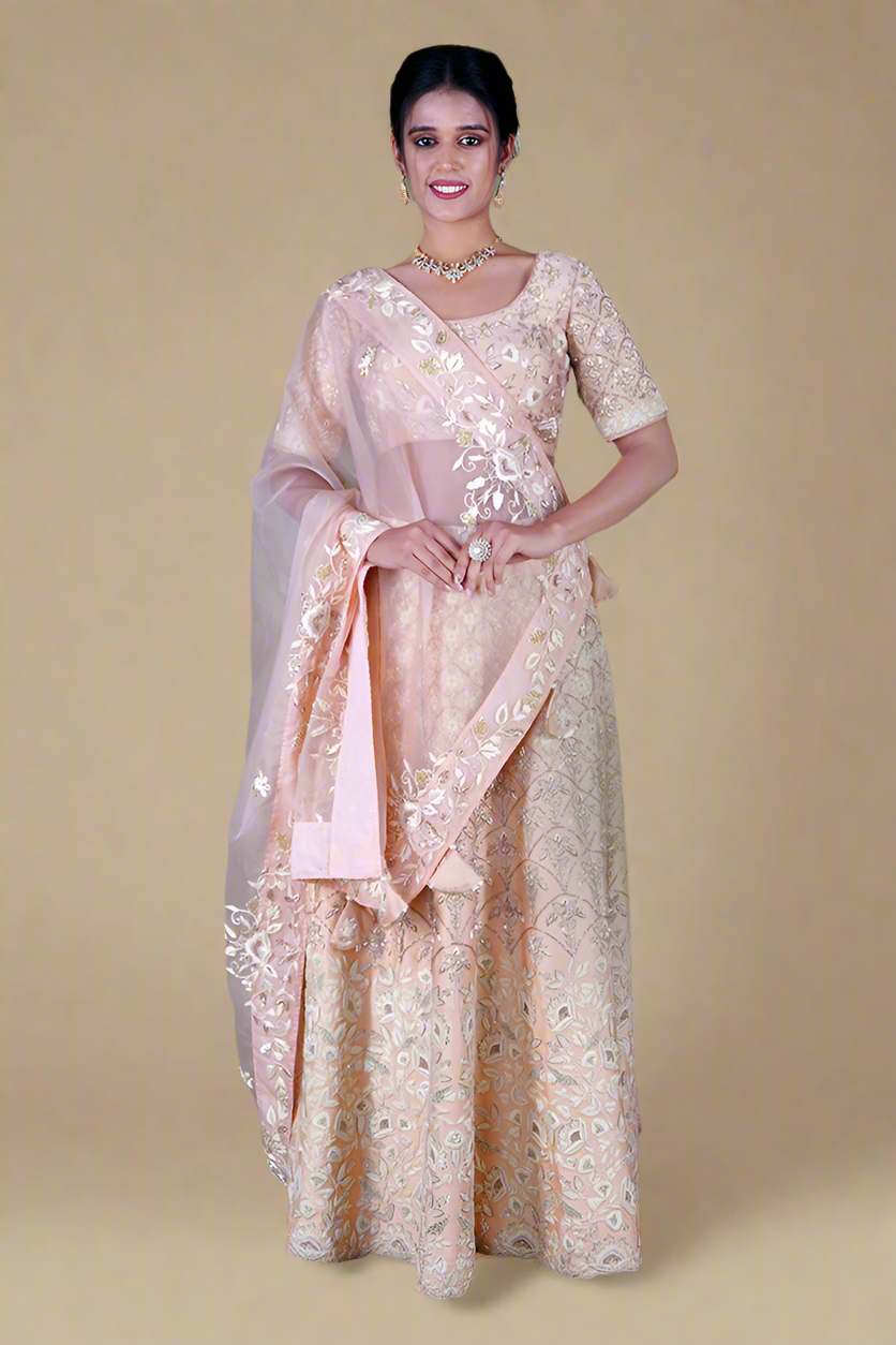 Zardosi Pure Chintz Bridal Lehenga Set (Rose Gold)
