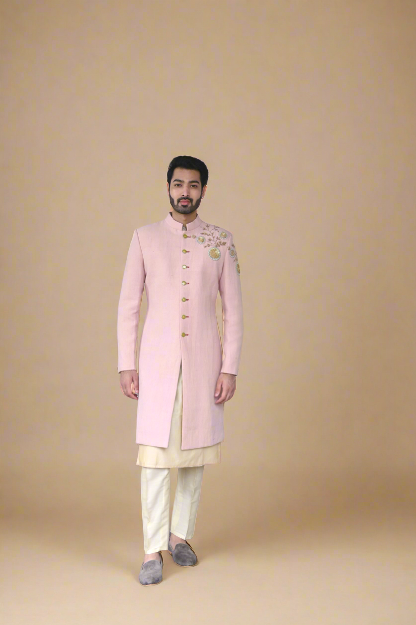 Zardozi Linen Sherwani - Peach