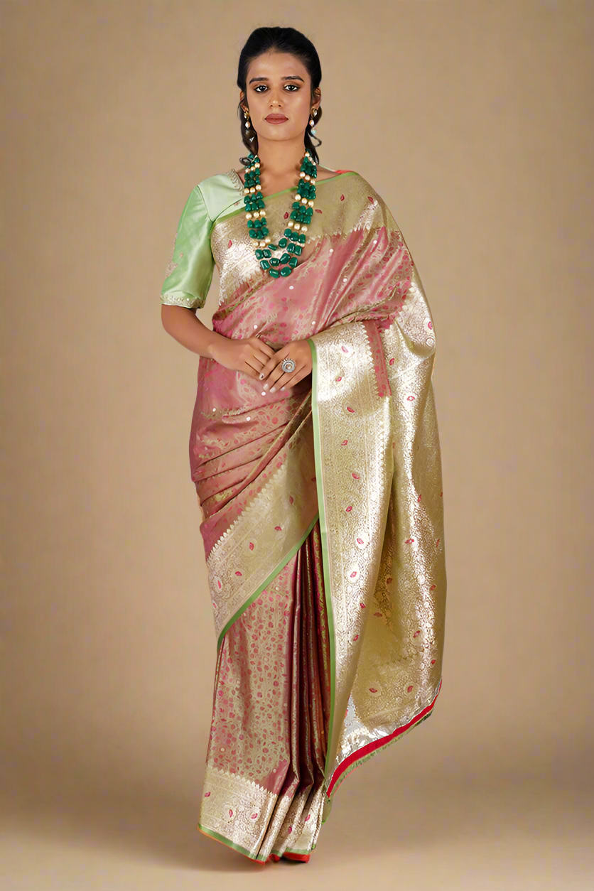 Banarasi Silk Saree (Pink and Green)