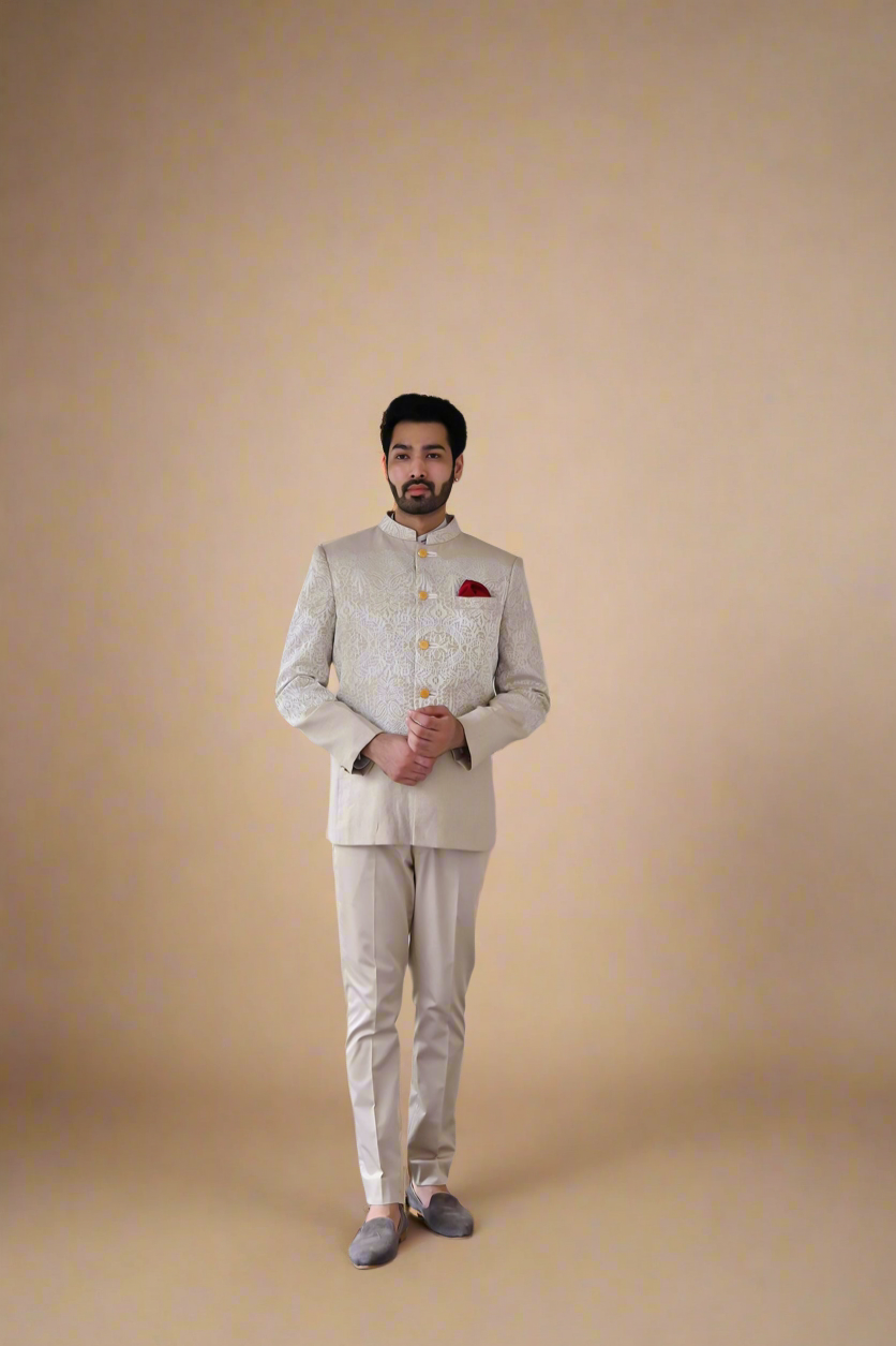 Embroidered Bandhgala Set (Mushroom Grey)