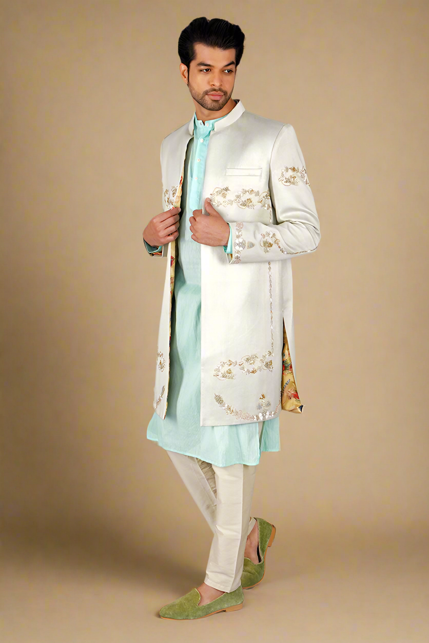 Sequins Pure Chintz Sherwani Set (Warm White)