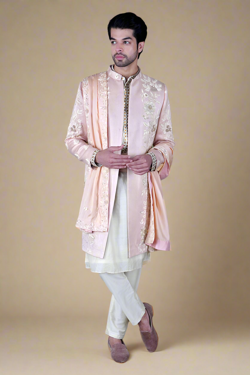 Zardosi Pure Chintz Sherwani Set (Rose Gold)