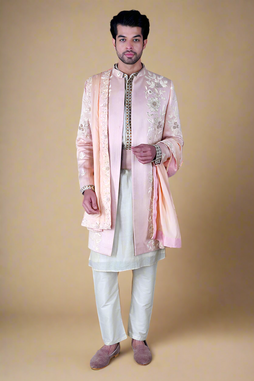 Zardosi Pure Chintz Sherwani Set (Rose Gold)