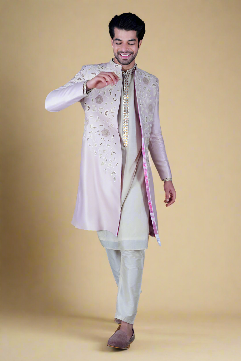 Zardosi Pure Chintz Sherwani Set (Rose Pink)