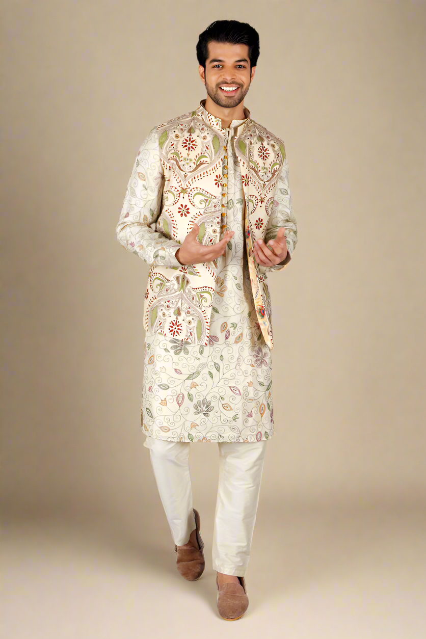 Kantha Jawahar Jacket Set (Beige)