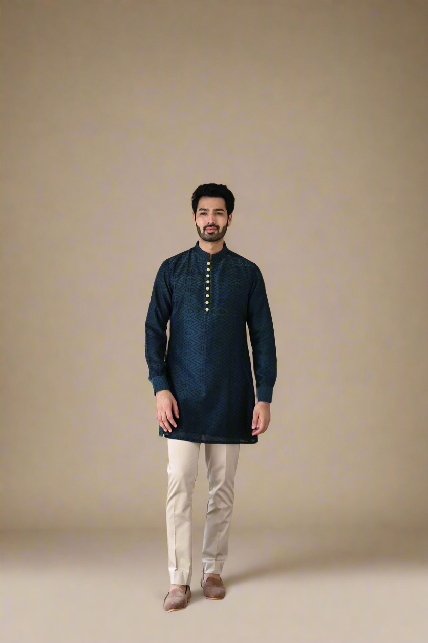Hand-Block Short-Kurta Set (Blue)