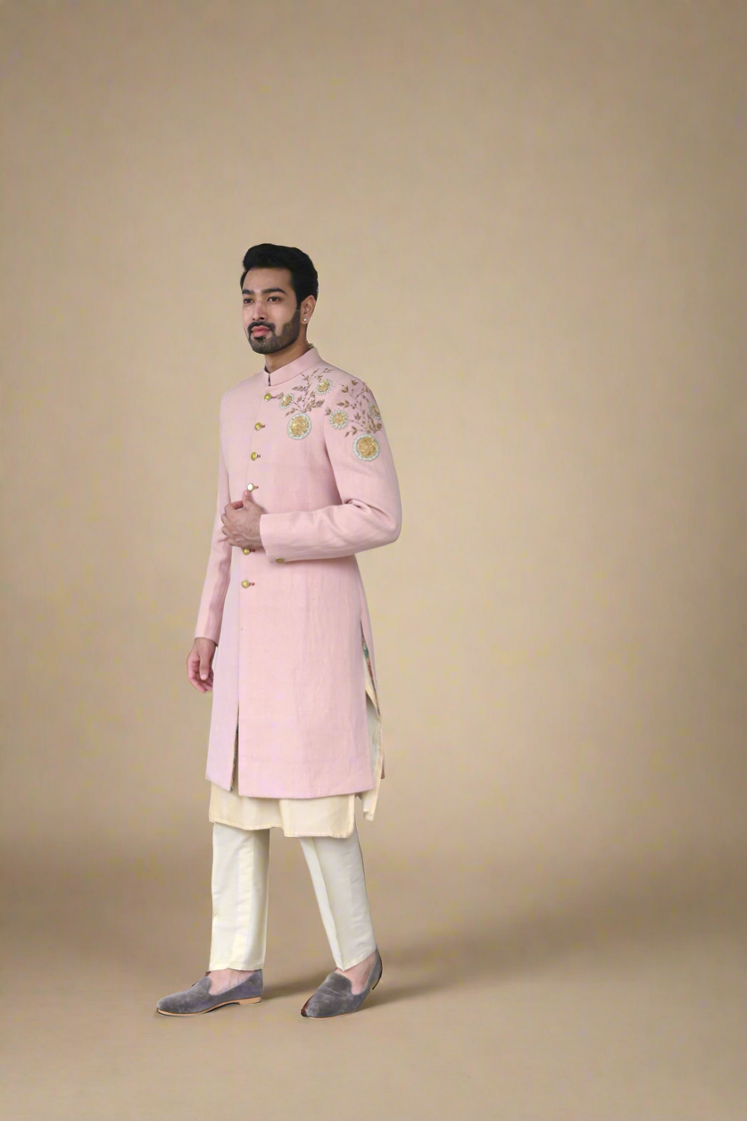 Zardozi Linen Sherwani - Peach