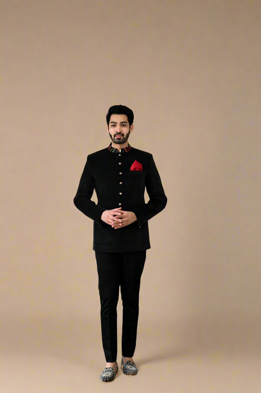 Signature Velvet Bandhgala Set (Black)
