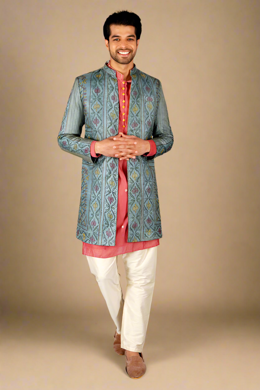 Kantha Chanderi Kurta Set With Jacket (Saturation Pink)