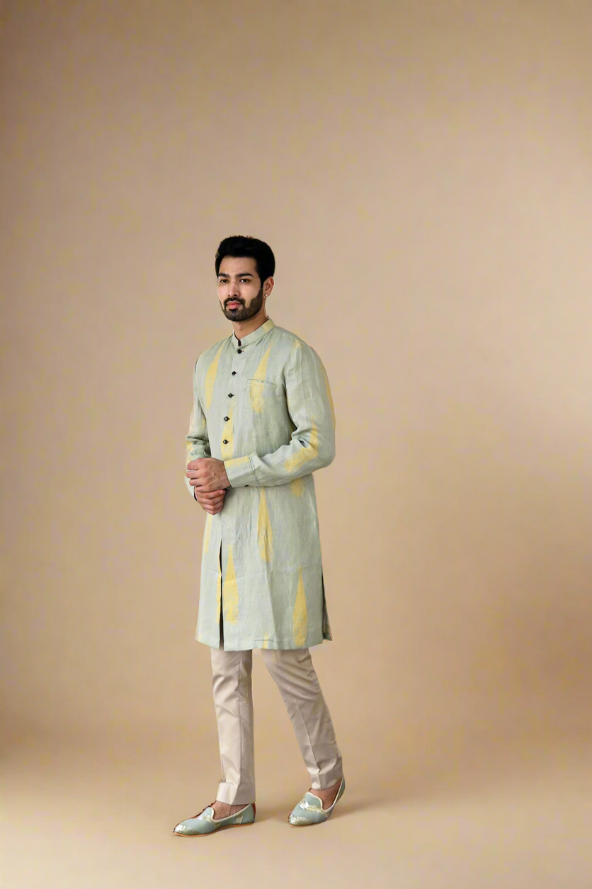 Hand-Block Kurta-Shirt Set (Aqua / Lime)