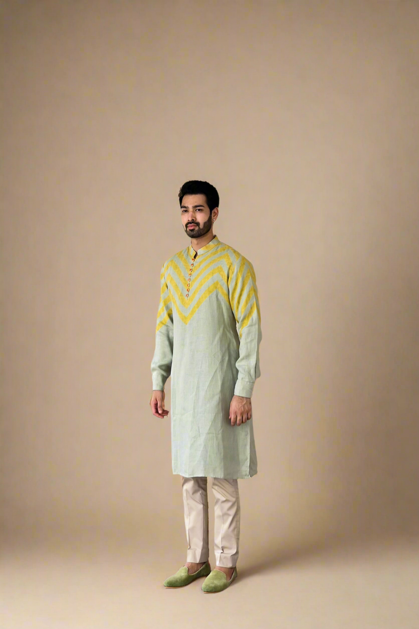 Color-Block Kurta Set (Aqua / Yellow)