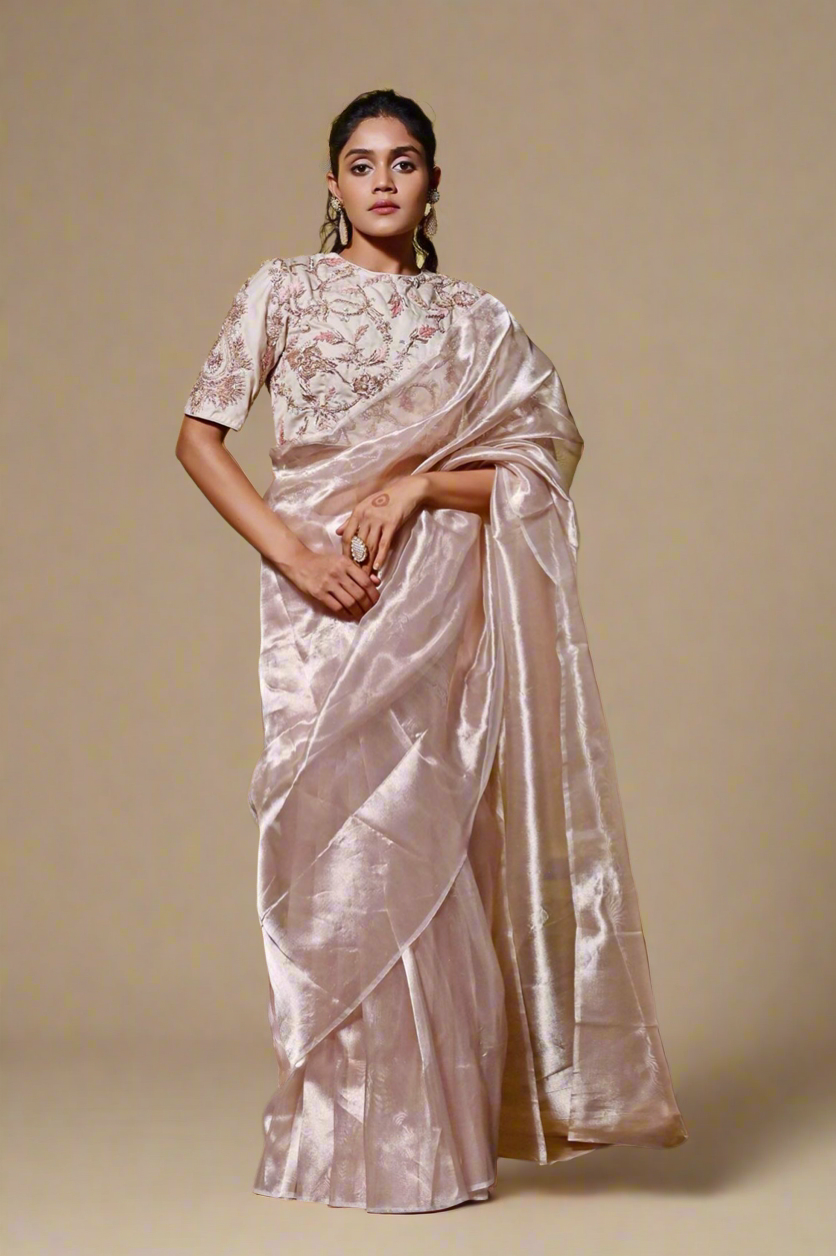 Zardosi Tissue Saree Set (Blossom White)
