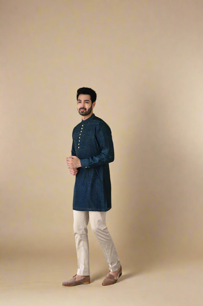 Hand-Block Short-Kurta Set (Blue)