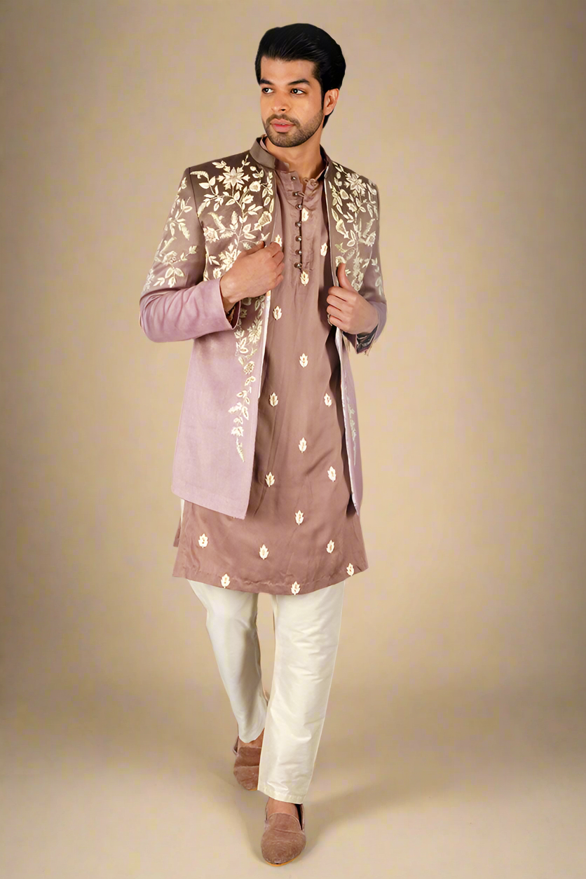 Zardosi Pure Chintz Jacket Set (Chikoo)